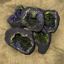 Load image into Gallery viewer, Dyed Quartz Black Geode with Purple & Green Pyrite Center (4"-6") (G2)
