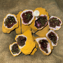 Load image into Gallery viewer, Dyed Quartz Tan Geode with Pink & Green Pyrite Center (3"-5") (G1)