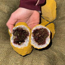 Load image into Gallery viewer, Dyed Quartz Tan Geode with Pink & Green Pyrite Center (3"-5") (G1)