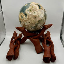 Load image into Gallery viewer, (1) 6" Carved Wood Tripod Cobra Stand Three Prong Display for Crystal Spheres, Eggs, or Balls