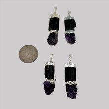 Load image into Gallery viewer, Natural Black Tourmaline with Amethyst Druze Pendant & Necklace with a "Twin Rocks and Crystals" Velvet Box