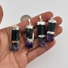 Load image into Gallery viewer, Natural Black Tourmaline with Amethyst Druze Pendant & Necklace with a "Twin Rocks and Crystals" Velvet Box