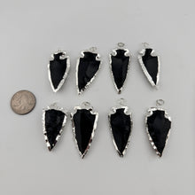 Load image into Gallery viewer, Black Obsidian Silver Plated Arrowhead Pendant & Necklace with a "Twin Rocks and Crystals" Velvet Box