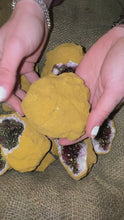 Load and play video in Gallery viewer, Dyed Quartz Tan Geode with Pink & Green Pyrite Center (3"-5") (G1)