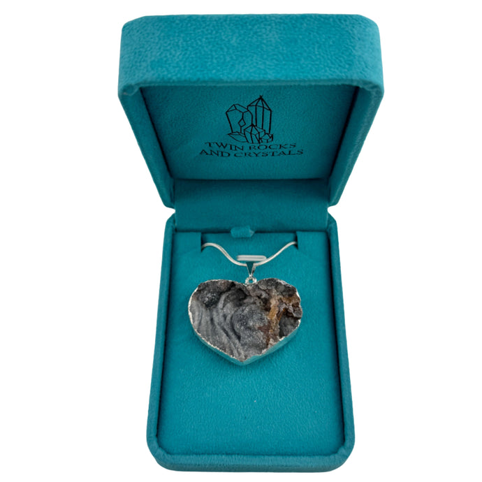 Agate Druze Heart-Shaped Silver-Plated Pendant & Necklace with a Velvet Box