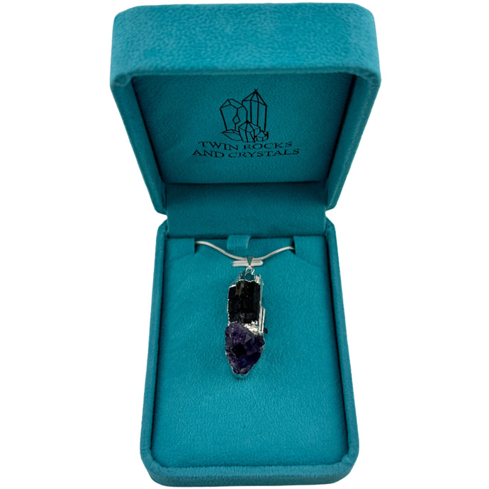 Natural Black Tourmaline with Amethyst Druze Pendant & Necklace with a 